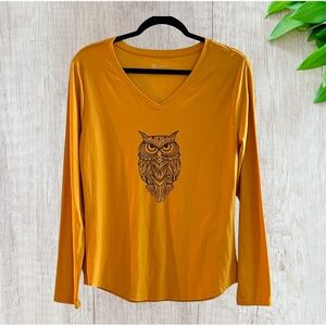 Women's Mustard Owl Print V-Neck Top NWOT XL